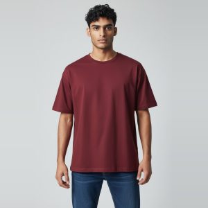 Model wearing burgundy plain t-shirt, colour code #6D1F2F – Bulk Cloth Store
