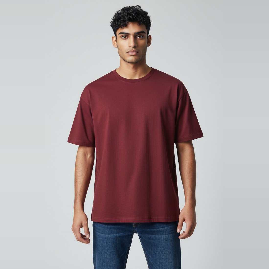 Model wearing burgundy plain t-shirt, colour code #6D1F2F – Bulk Cloth Store