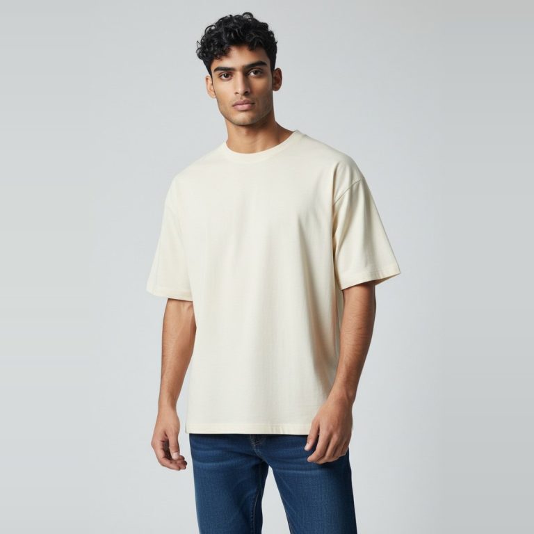 Model wearing cream plain t-shirt, colour code #F3E9D2 – Bulk Cloth Store