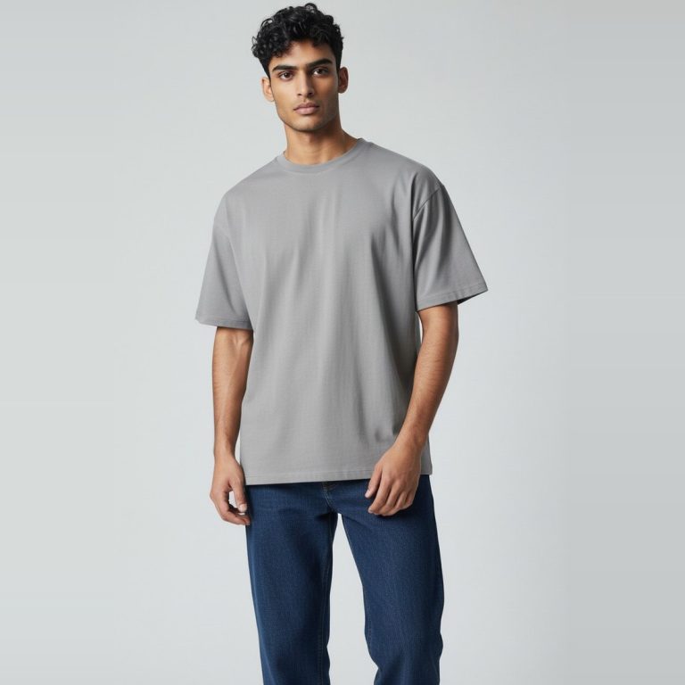Model wearing heather grey plain t-shirt, colour code #A7A9AC – Bulk Cloth Store
