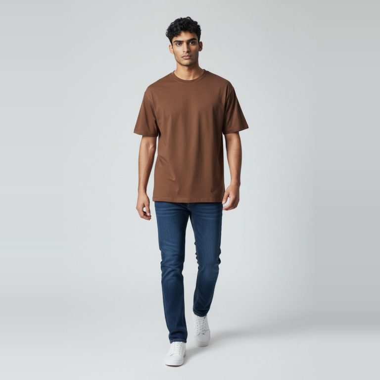 Model wearing mocha plain t-shirt, colour code #6F4E3D – Bulk Cloth Store