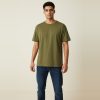 Model wearing olive plain t-shirt, colour code #6B6B3A – Bulk Cloth Store