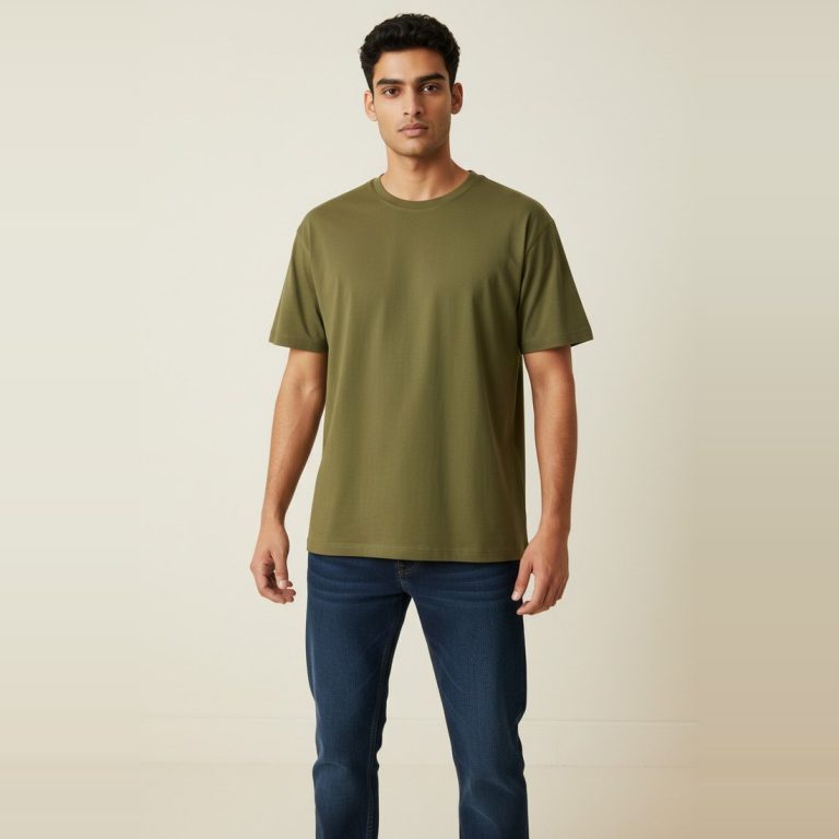 Model wearing olive plain t-shirt, colour code #6B6B3A – Bulk Cloth Store