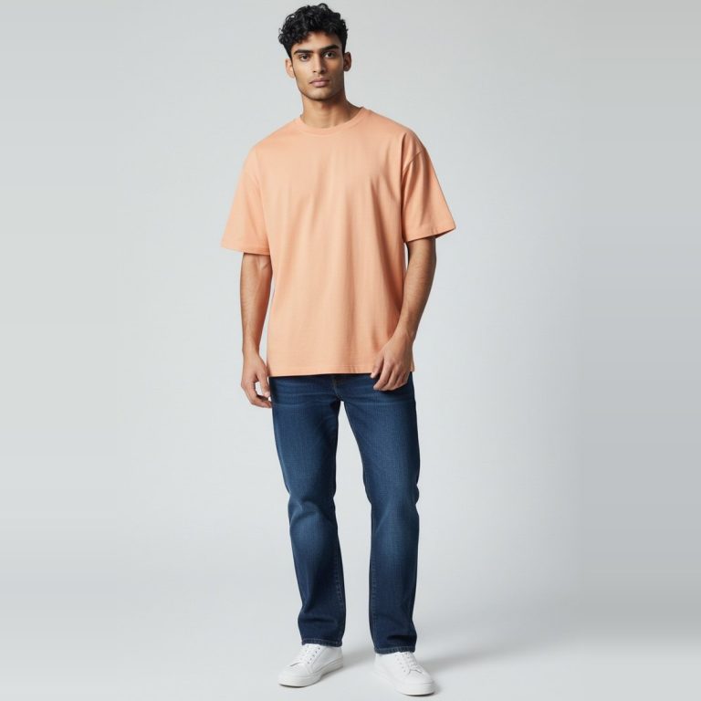Model wearing peach plain t-shirt, colour code #F4B393 – Bulk Cloth Store