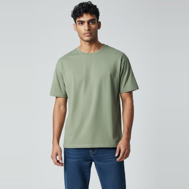 Model wearing sage green plain t-shirt, colour code #A3B18A – Bulk Cloth Store