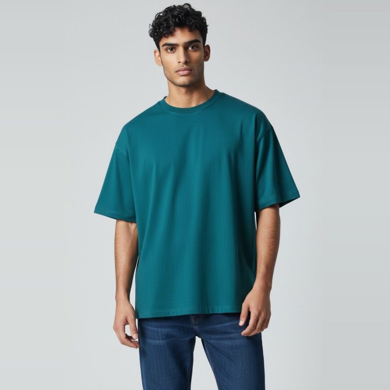 Model wearing teal plain t-shirt, colour code #1F6B70 – Bulk Cloth Store