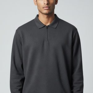 Zip Collar Full Sleeve Polo - Net Poly Cotton Polyester 170 GSM - model photo