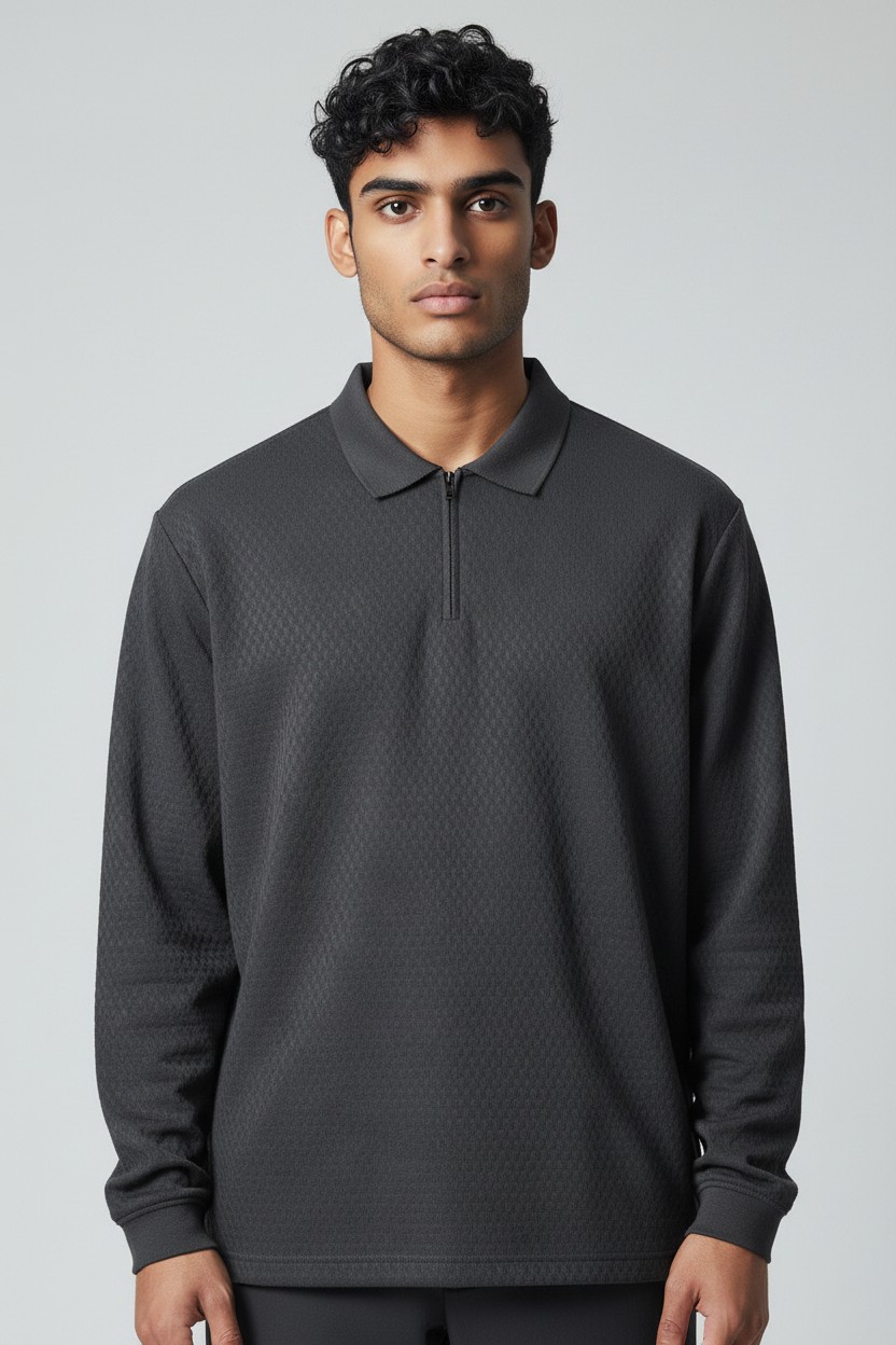 Zip Collar Full Sleeve Polo - Net Poly Cotton Polyester 170 GSM - model photo